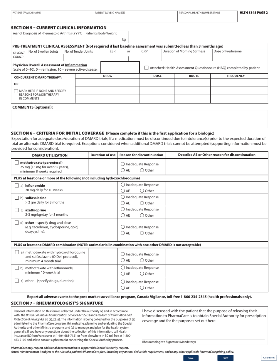 Form HLTH5345 Special Authority Request - Targeted Dmards for Rheumatoid Arthritis - Initial / Switch - British Columbia, Canada, Page 2