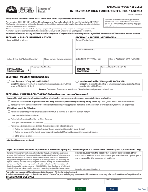 Form HLTH5818 Special Authority Request - Intravenous Iron for Iron Deficiency Anemia - British Columbia, Canada
