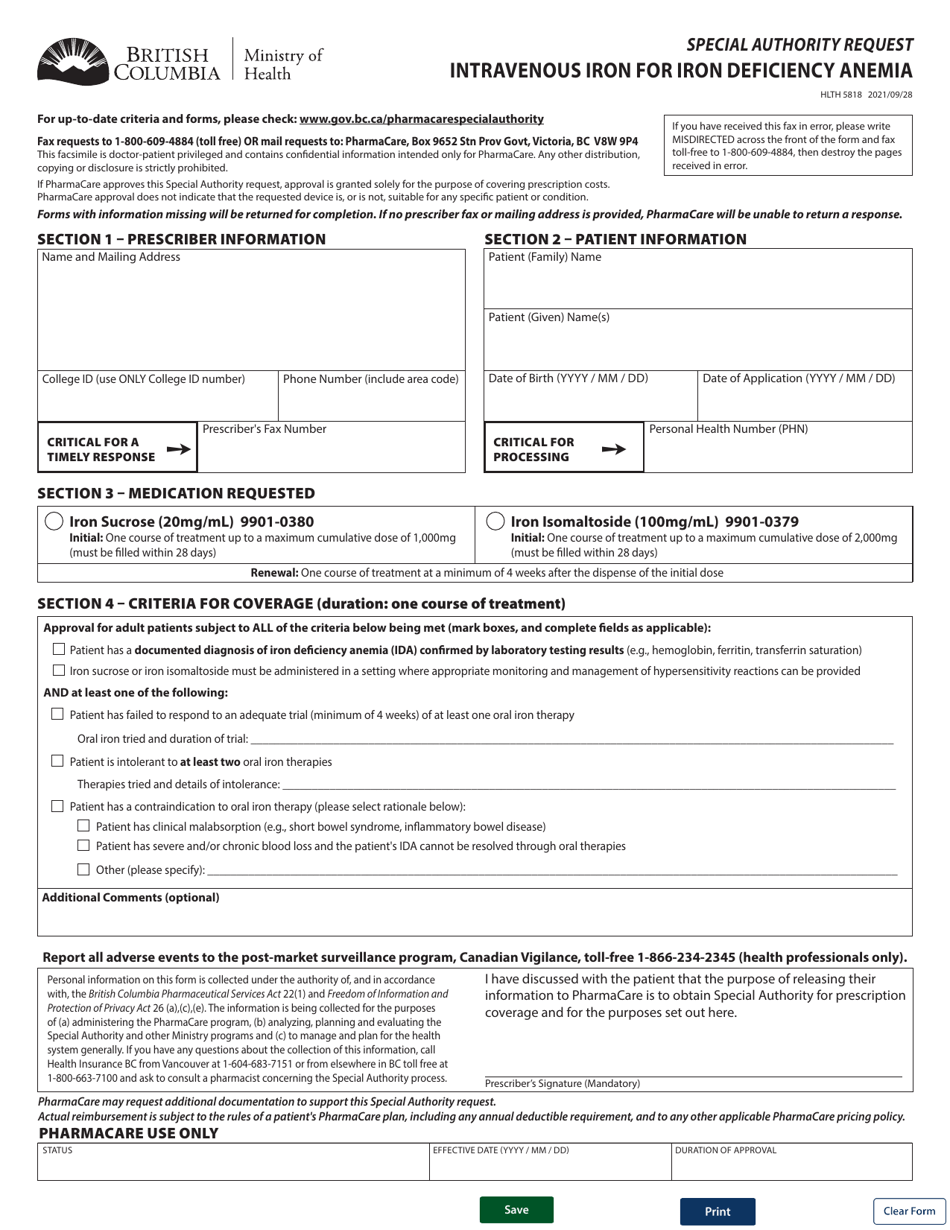 Form HLTH5818 Special Authority Request - Intravenous Iron for Iron Deficiency Anemia - British Columbia, Canada, Page 1