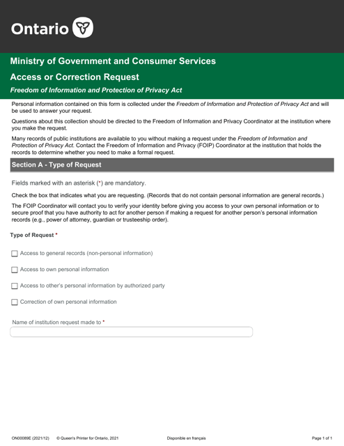 Form ON00089E Access or Correction Request - Ontario, Canada