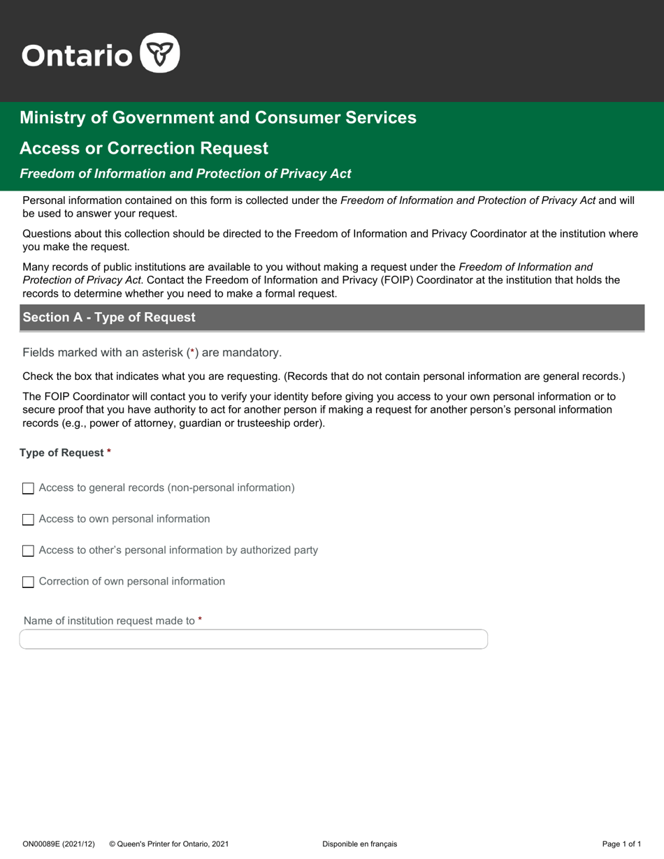 Form ON00089E Access or Correction Request - Ontario, Canada, Page 1