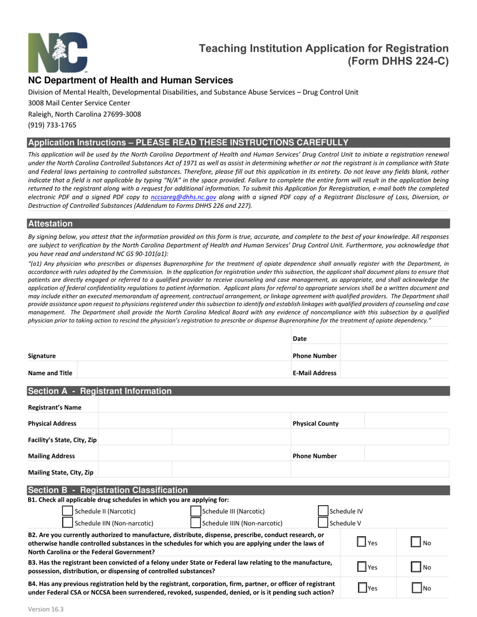 Form DHHS-224-C Teaching Institution Application for Registration - North Carolina, Page 1