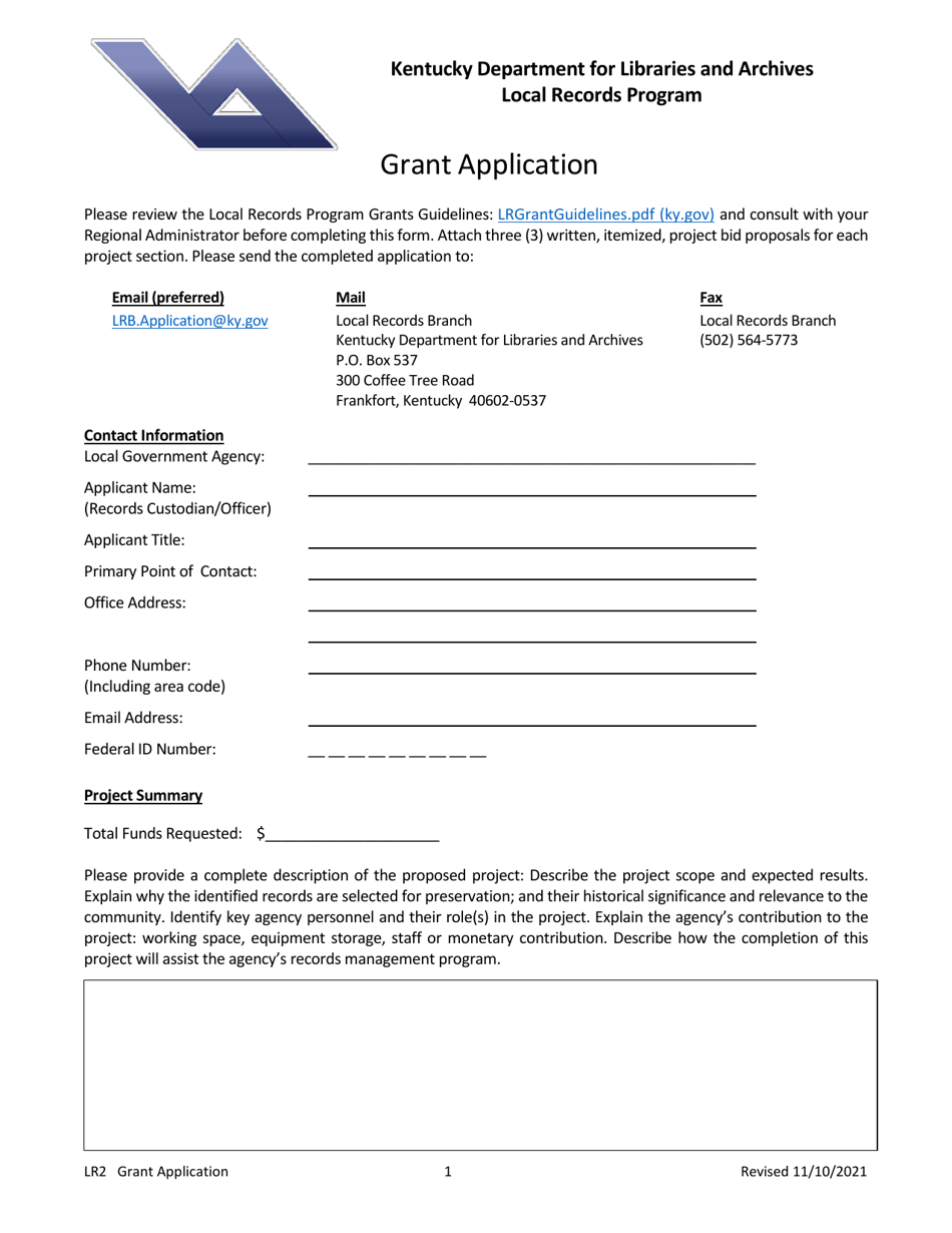Form LR2 Grant Application - Local Records Program - Kentucky, Page 1