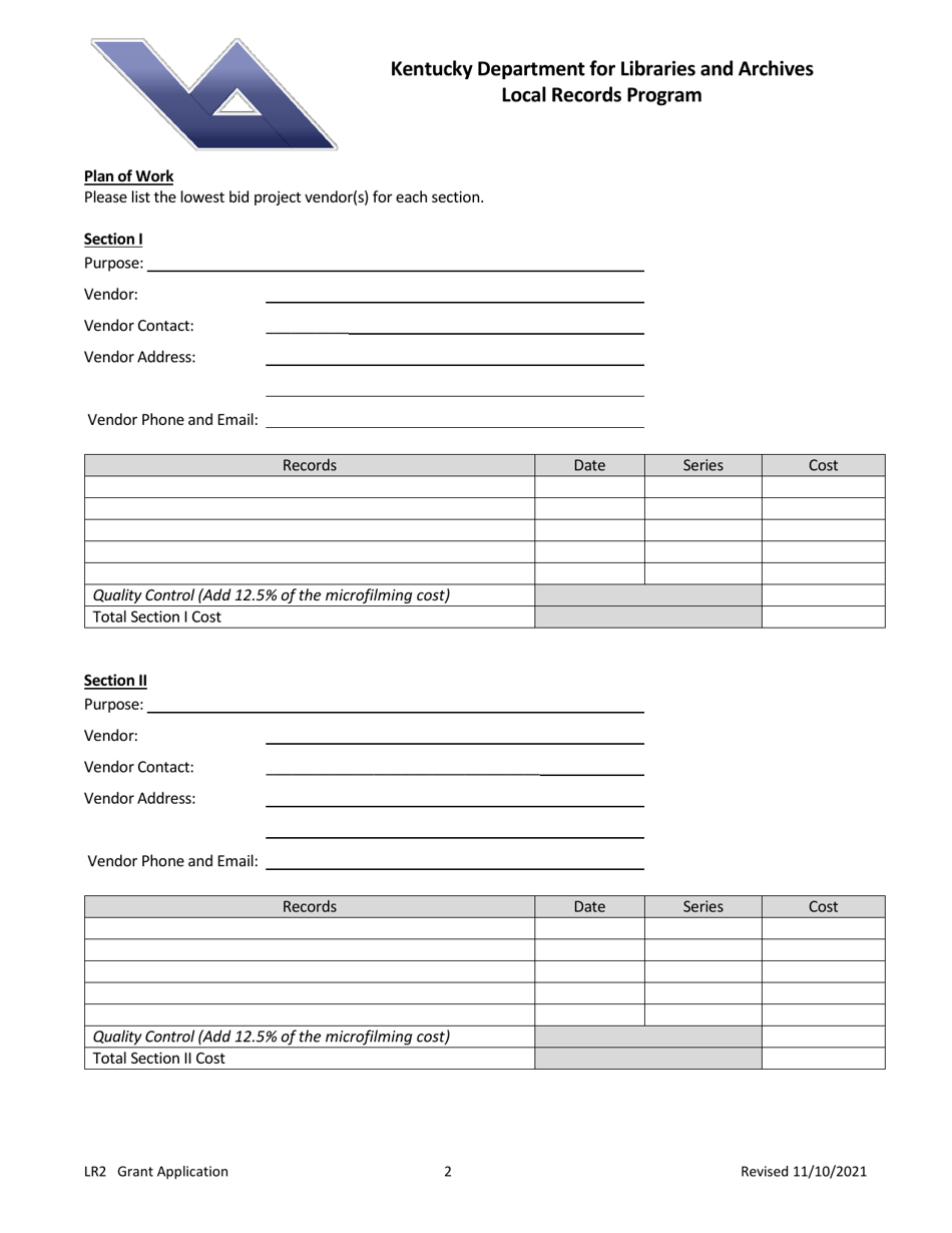 Form LR2 Grant Application - Local Records Program - Kentucky, Page 2