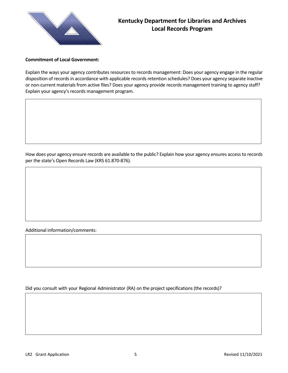 Form LR2 Grant Application - Local Records Program - Kentucky, Page 5
