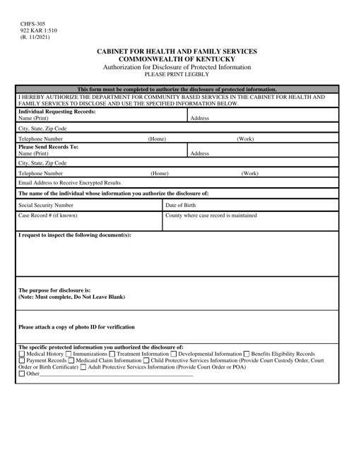 Form CHFS-305 Authorization for Disclosure of Protected Information - Kentucky