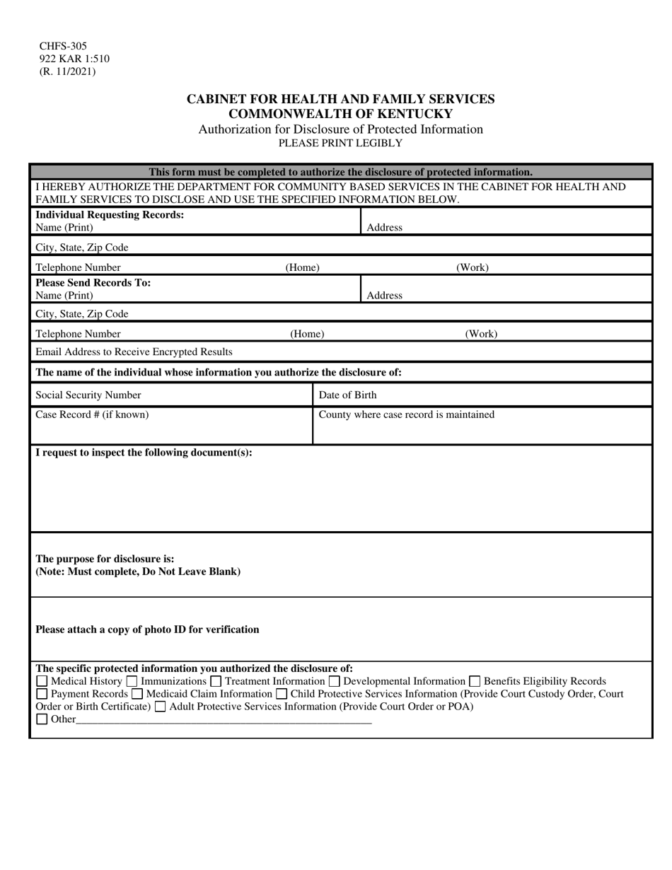 Form CHFS-305 Authorization for Disclosure of Protected Information - Kentucky, Page 1