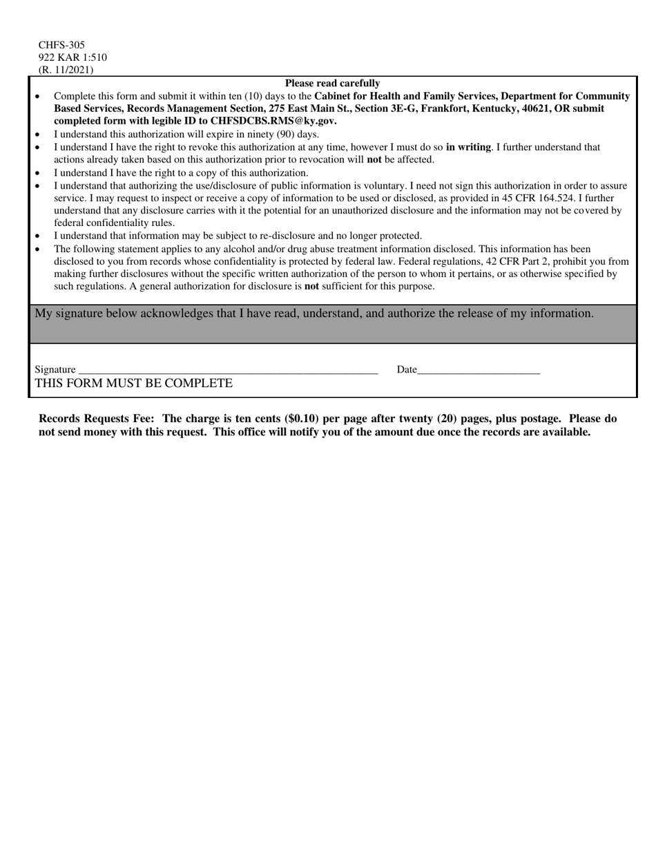 Form CHFS-305 Authorization for Disclosure of Protected Information - Kentucky, Page 2