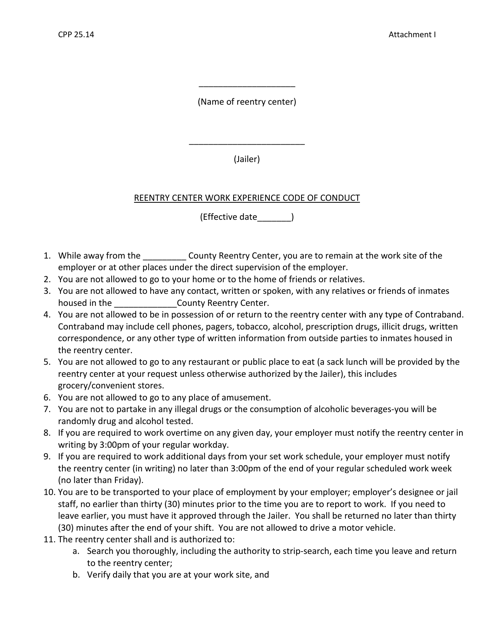 Attachment I Reentry Center Work Experience Code of Conduct - Kentucky