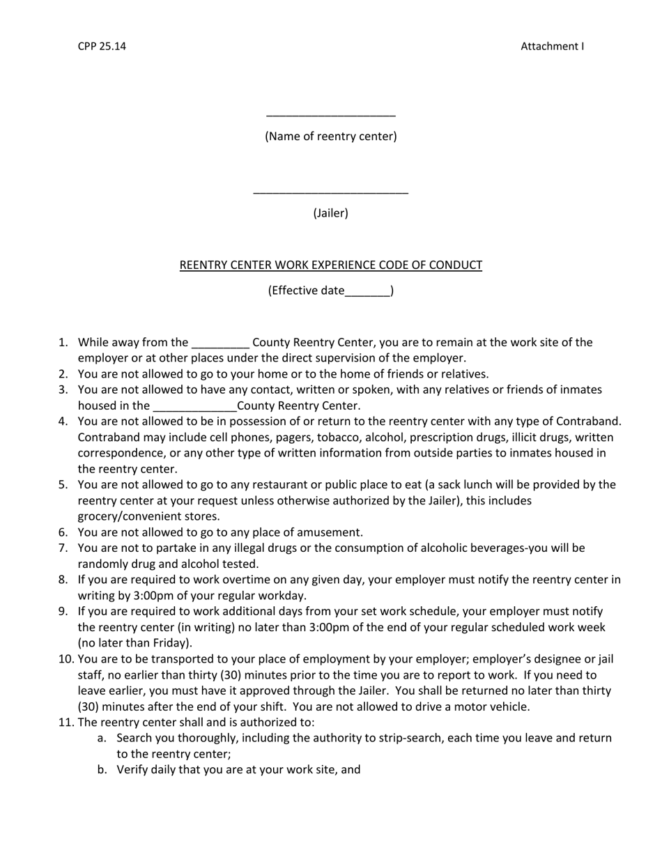 Attachment I Reentry Center Work Experience Code of Conduct - Kentucky, Page 1