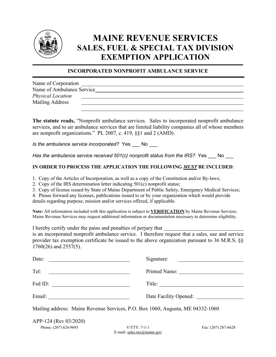 Form APP-124 Exemption Application - Incorporated Nonprofit Ambulance Service - Maine, Page 1