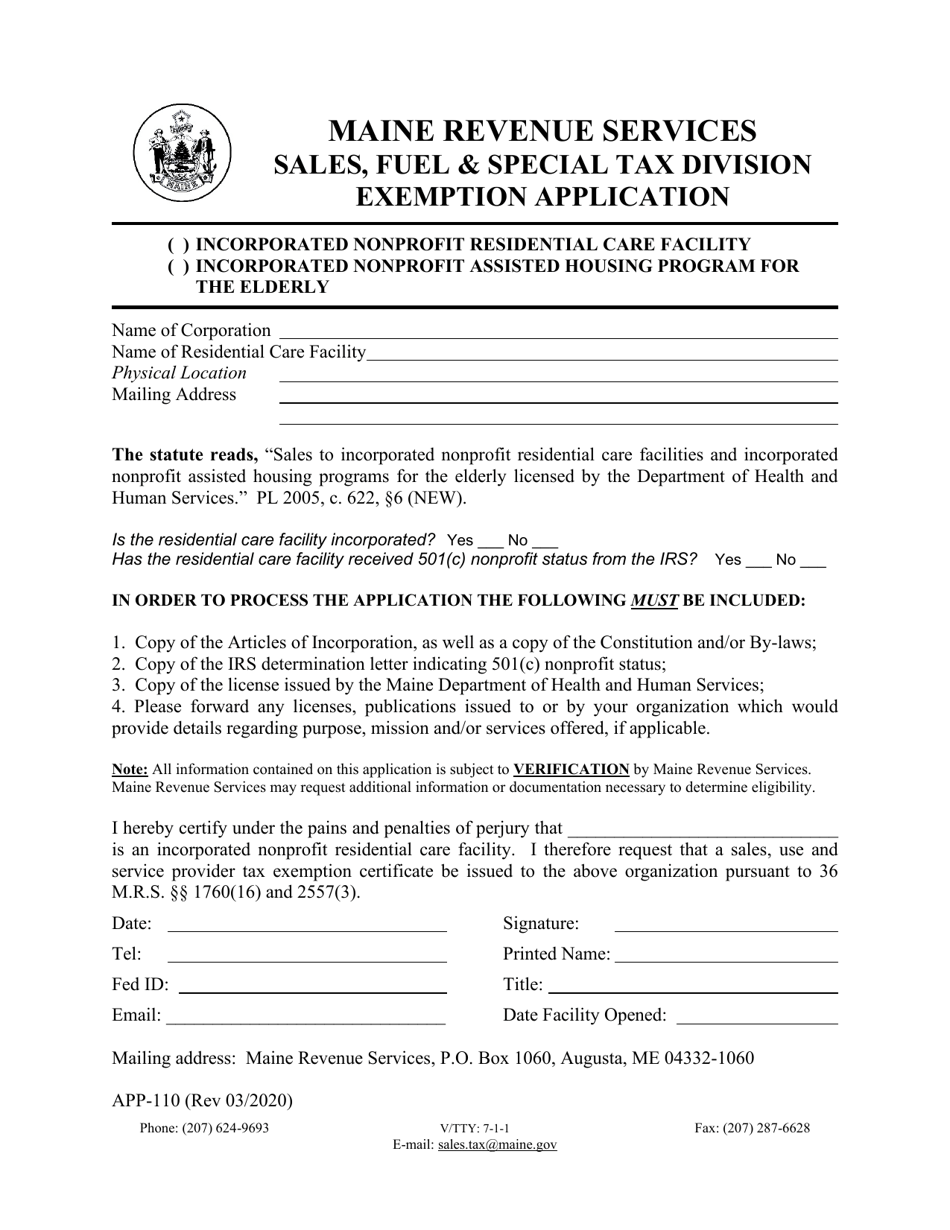 Form APP-110 Exemption Application - Incorporated Nonprofit Residential Care Facility / Incorporated Nonprofit Assisted Housing Program for the Elderly - Maine, Page 1