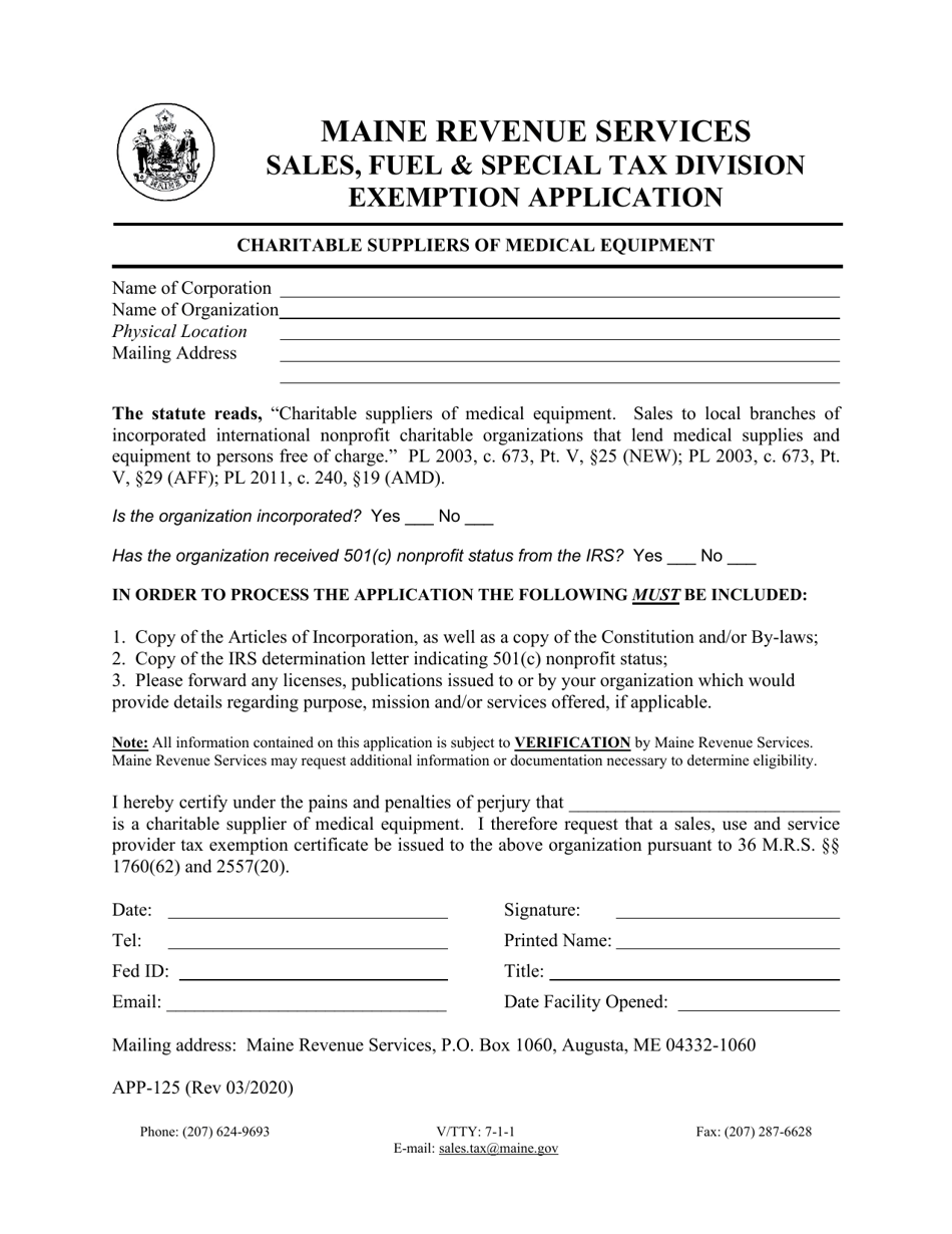 Form APP-125 Exemption Application - Charitable Suppliers of Medical Equipment - Maine, Page 1