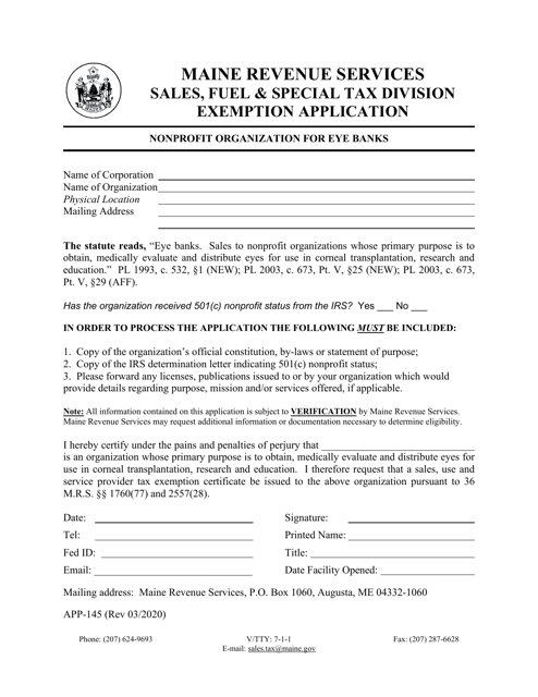 Form APP-145 Exemption Application - Nonprofit Organization for Eye Banks - Maine