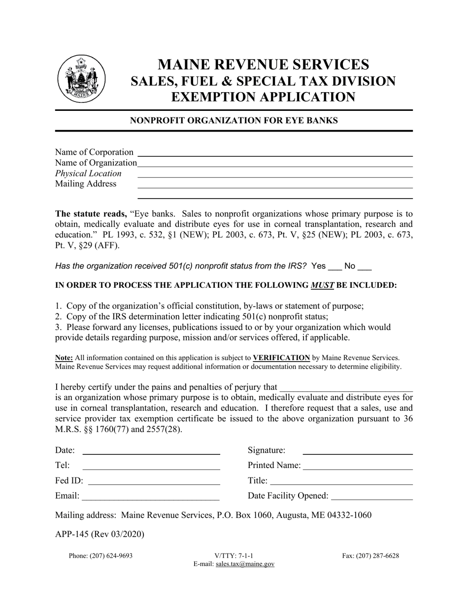 Form APP-145 Exemption Application - Nonprofit Organization for Eye Banks - Maine, Page 1