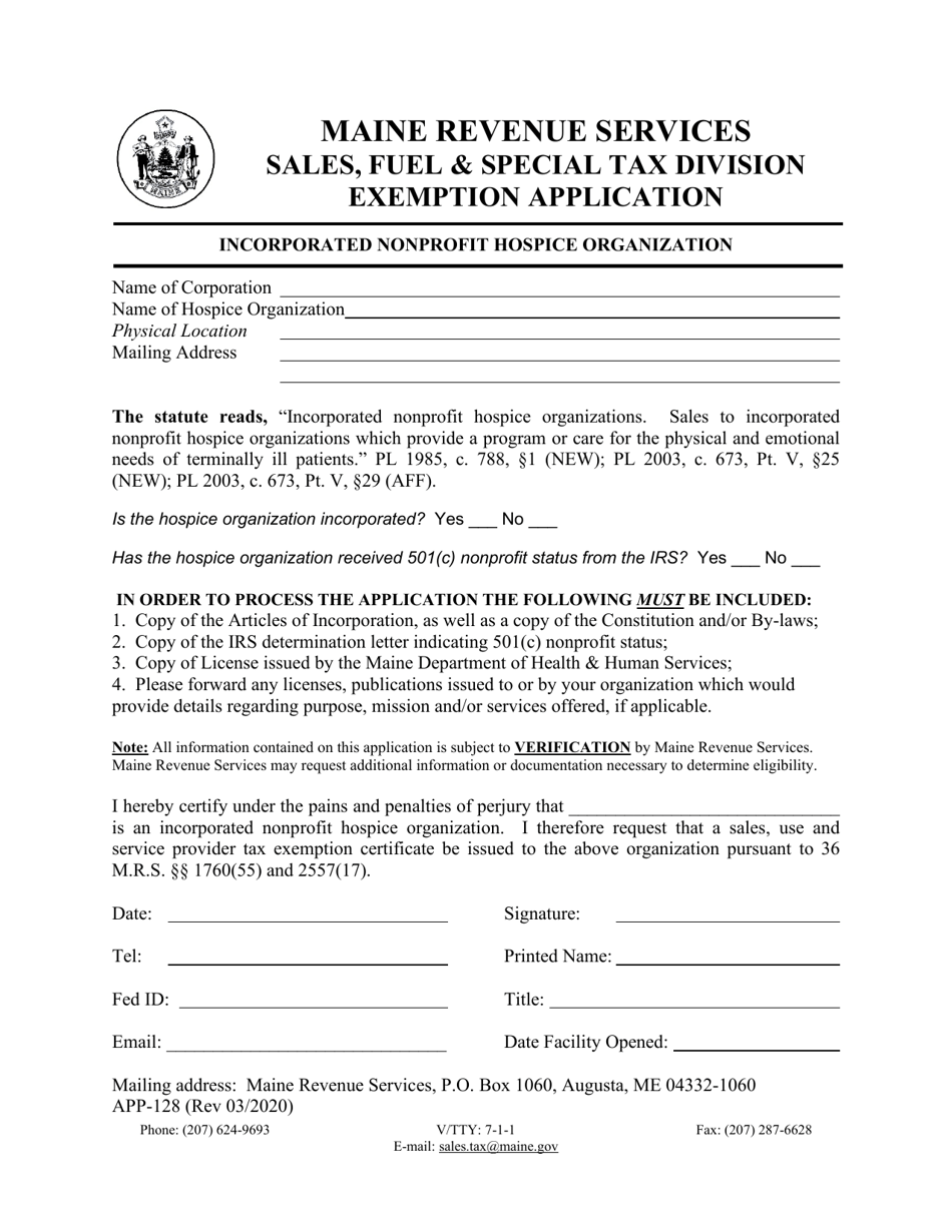 Form APP-128 Exemption Application - Incorporated Nonprofit Hospice Organization - Maine, Page 1