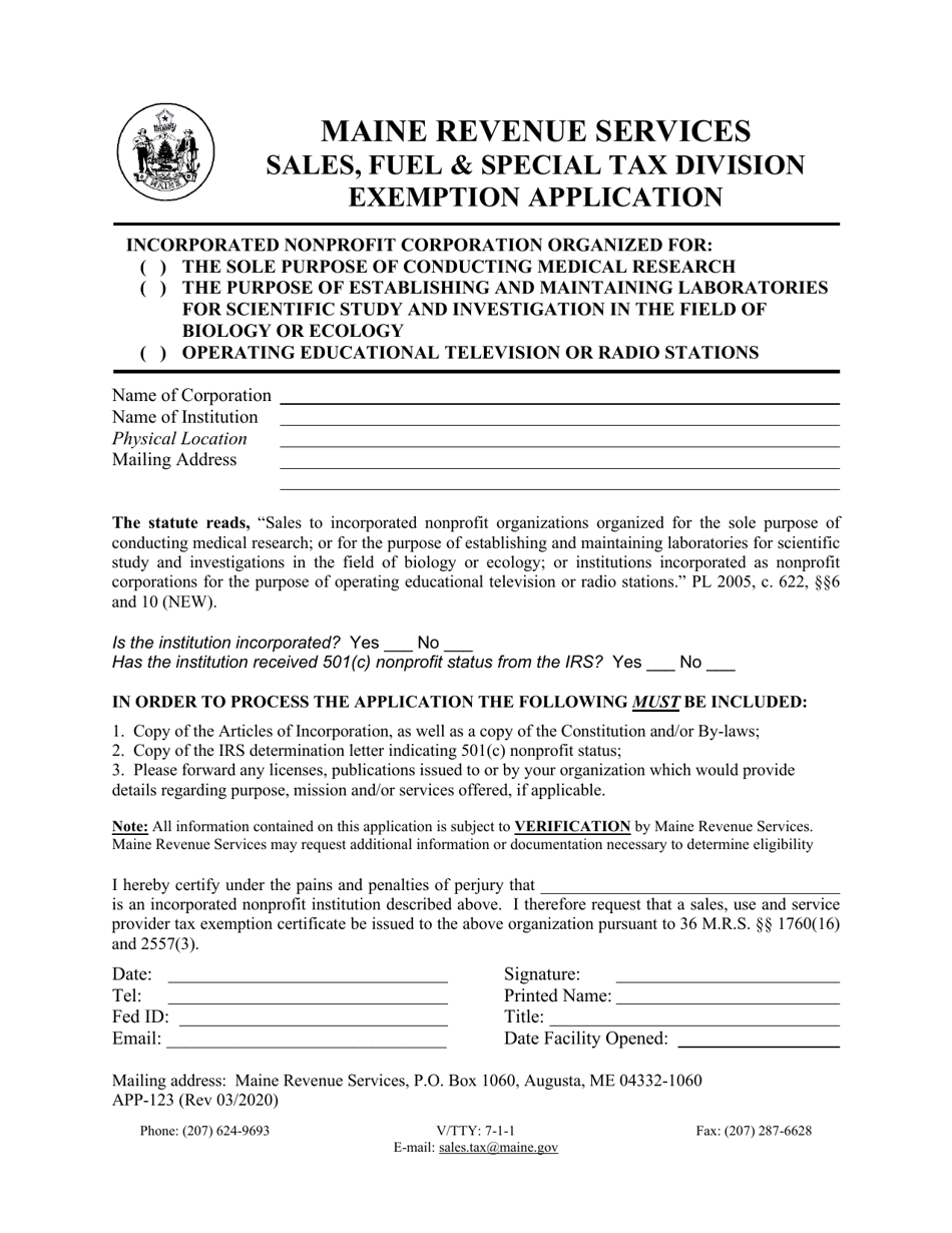 Form APP-123 Medical Research Institutions / Educational Television or Radio Stations Exemption Application - Maine, Page 1