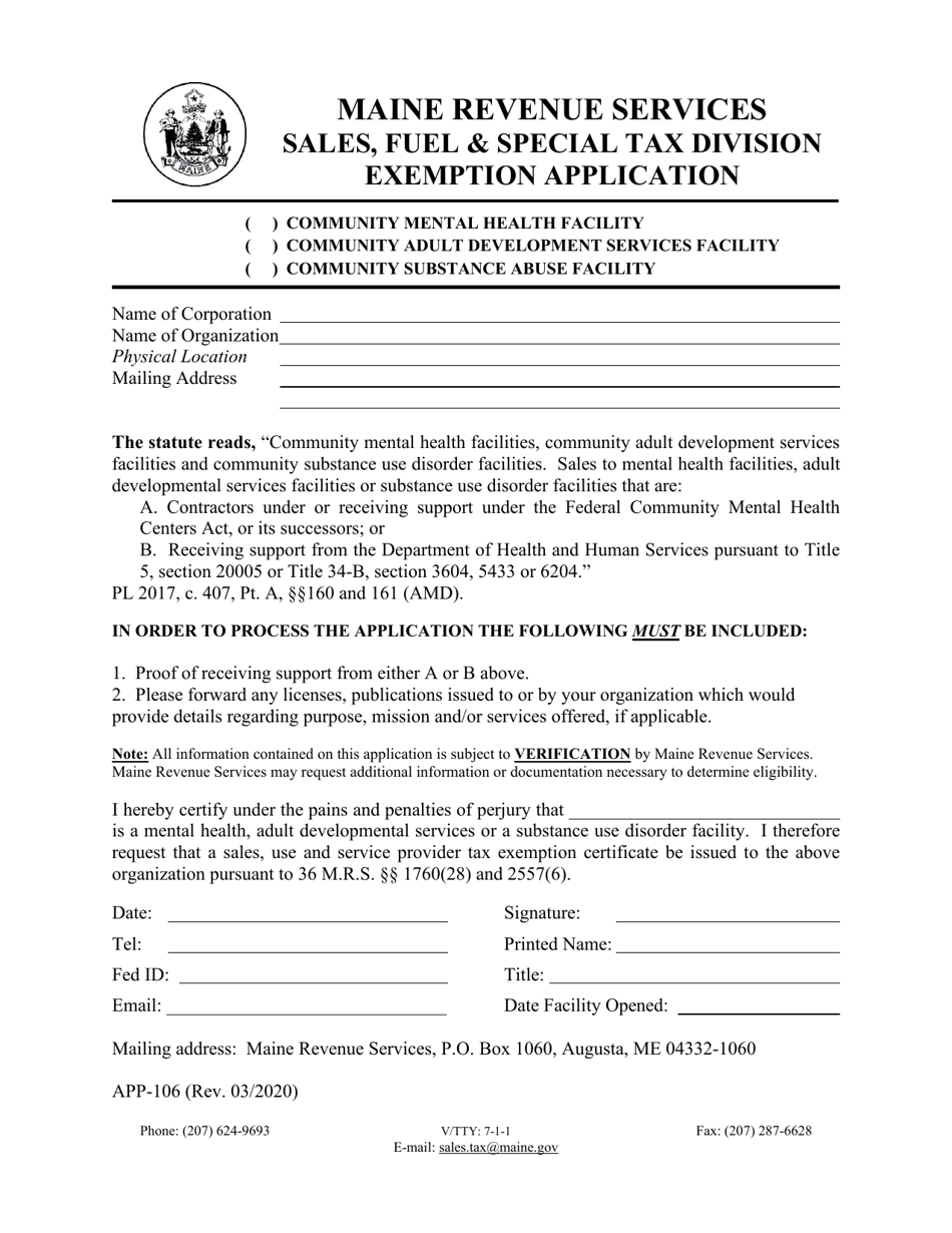 Form APP-106 Exemption Application - Mental Health, Adult Developmental and Substance Use Disorder Facilities - Maine, Page 1