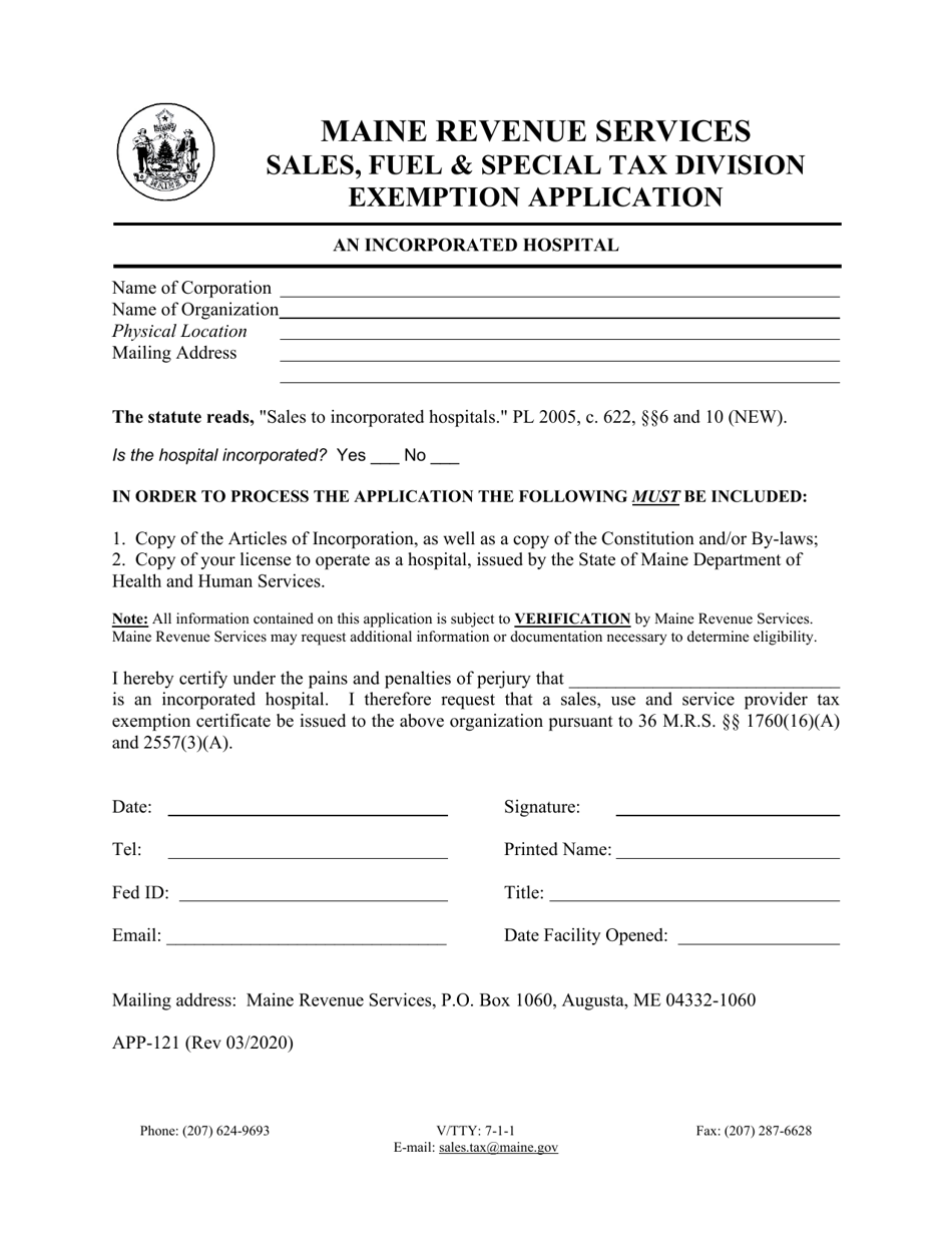 Form APP-121 Exemption Application - an Incorporated Hospital - Maine, Page 1