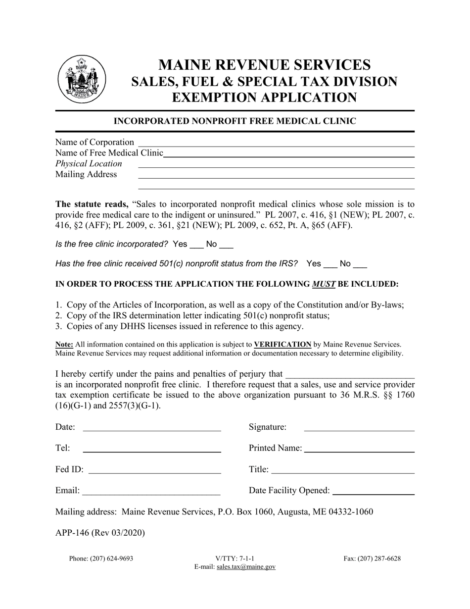 Form APP-146 Exemption Application - Incorporated Nonprofit Free Medical Clinic - Maine, Page 1