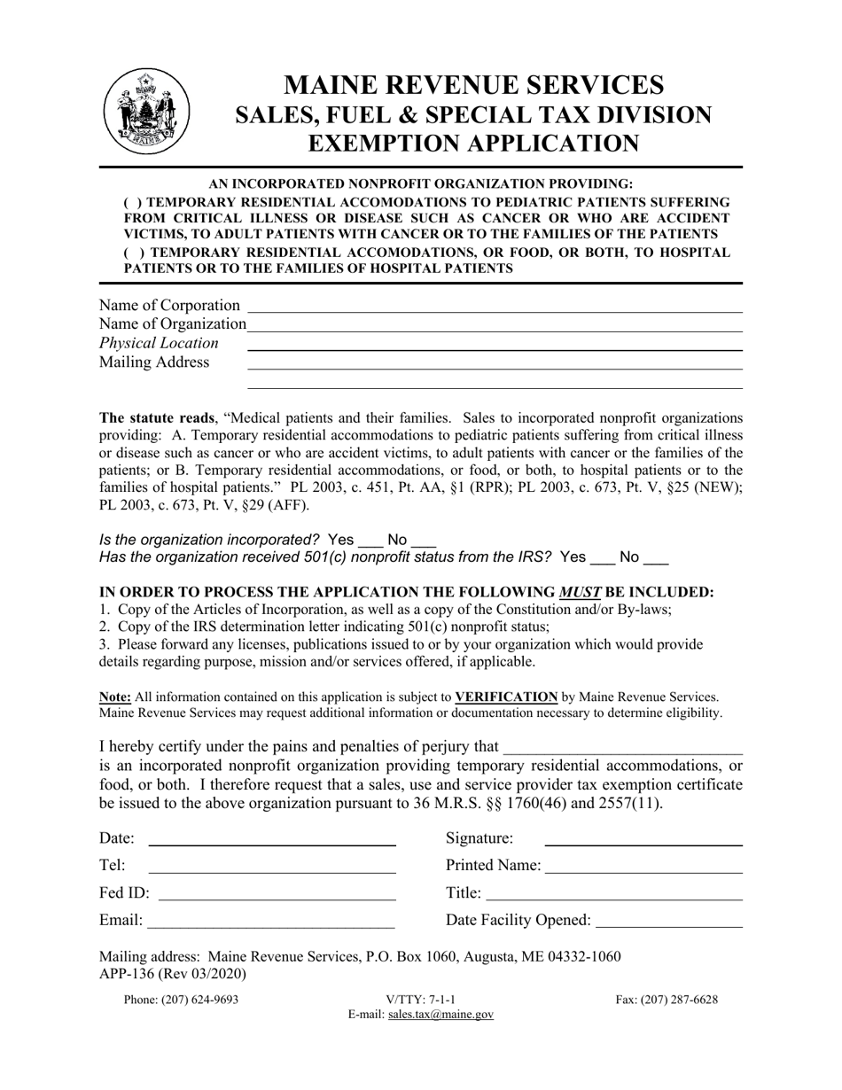 Form APP-136 Exemption Application - Residential Facilities for Medical Patients and Families - Maine, Page 1