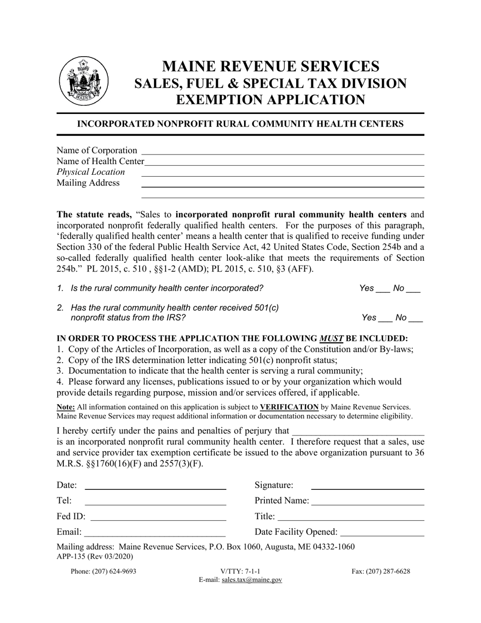 Form APP-135 Exemption Application - Incorporated Nonprofit Rural Community Health Centers - Maine, Page 1
