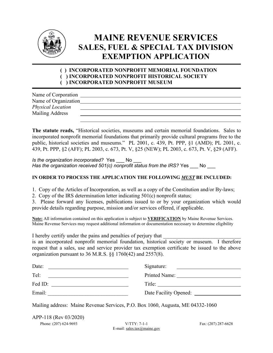Form APP-118 Exemption Application - Historical Societies  Museums - Maine, Page 1