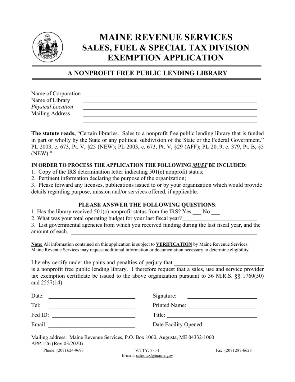 Form APP-126 Exemption Application - a Nonprofit Free Public Lending Library - Maine, Page 1