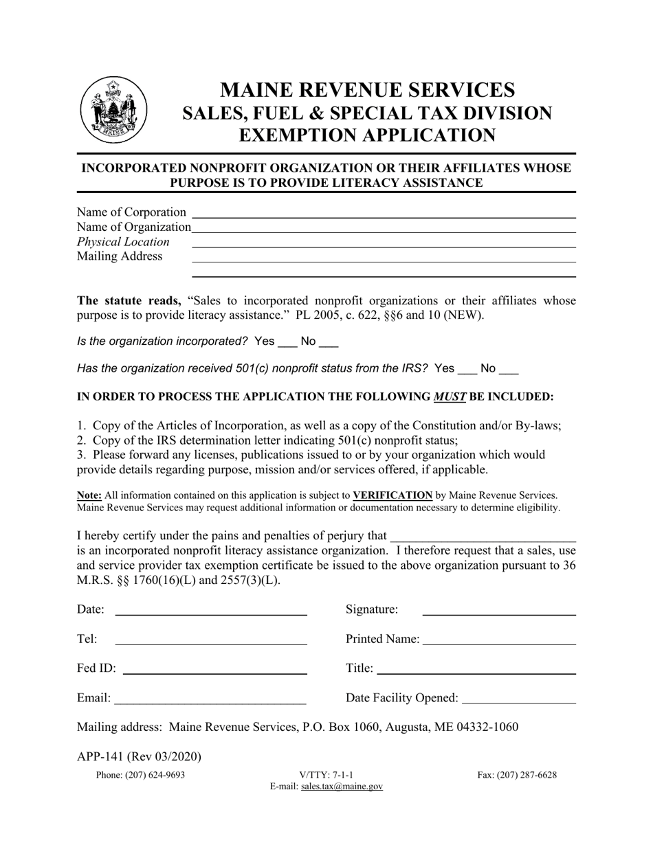 Form APP-141 Exemption Application - Incorporated Nonprofit Organization or Their Affiliates Whose Purpose Is to Provide Literacy Assistance - Maine, Page 1
