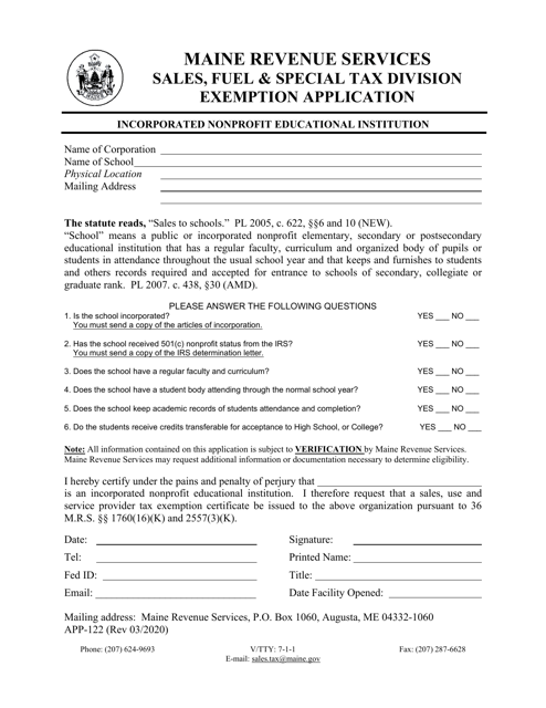 Form APP-122 Exemption Application - Incorporated Nonprofit Educational Institution - Maine