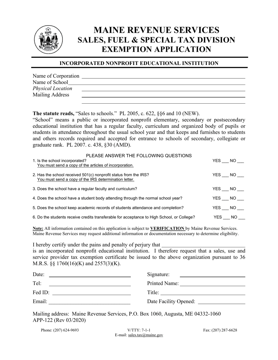 Form APP-122 Exemption Application - Incorporated Nonprofit Educational Institution - Maine, Page 1