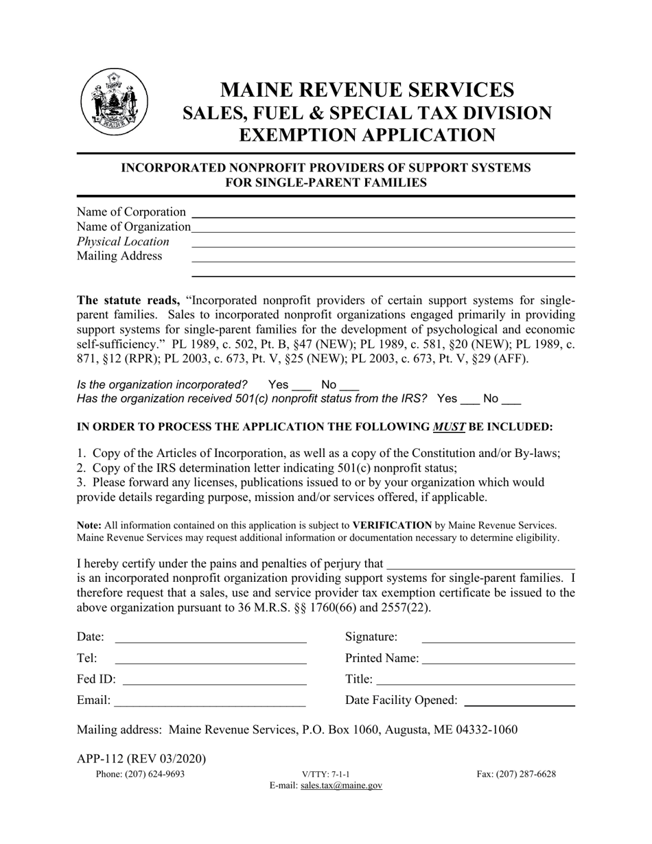 Form APP-112 Exemption Application - Incorporated Nonprofit Providers of Support Systems for Single-Parent Families - Maine, Page 1