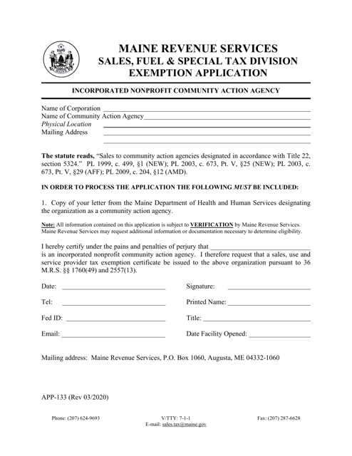 Form APP-133 Exemption Application - Incorporated Nonprofit Community Action Agency - Maine