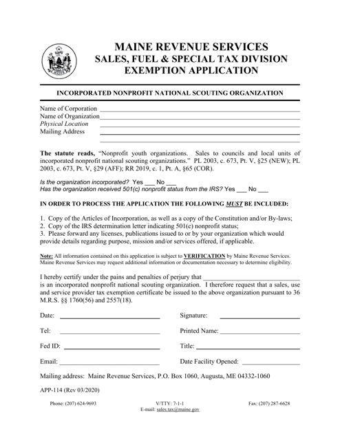 Form APP-114 Exemption Application - Incorporated Nonprofit National Scouting Organization - Maine
