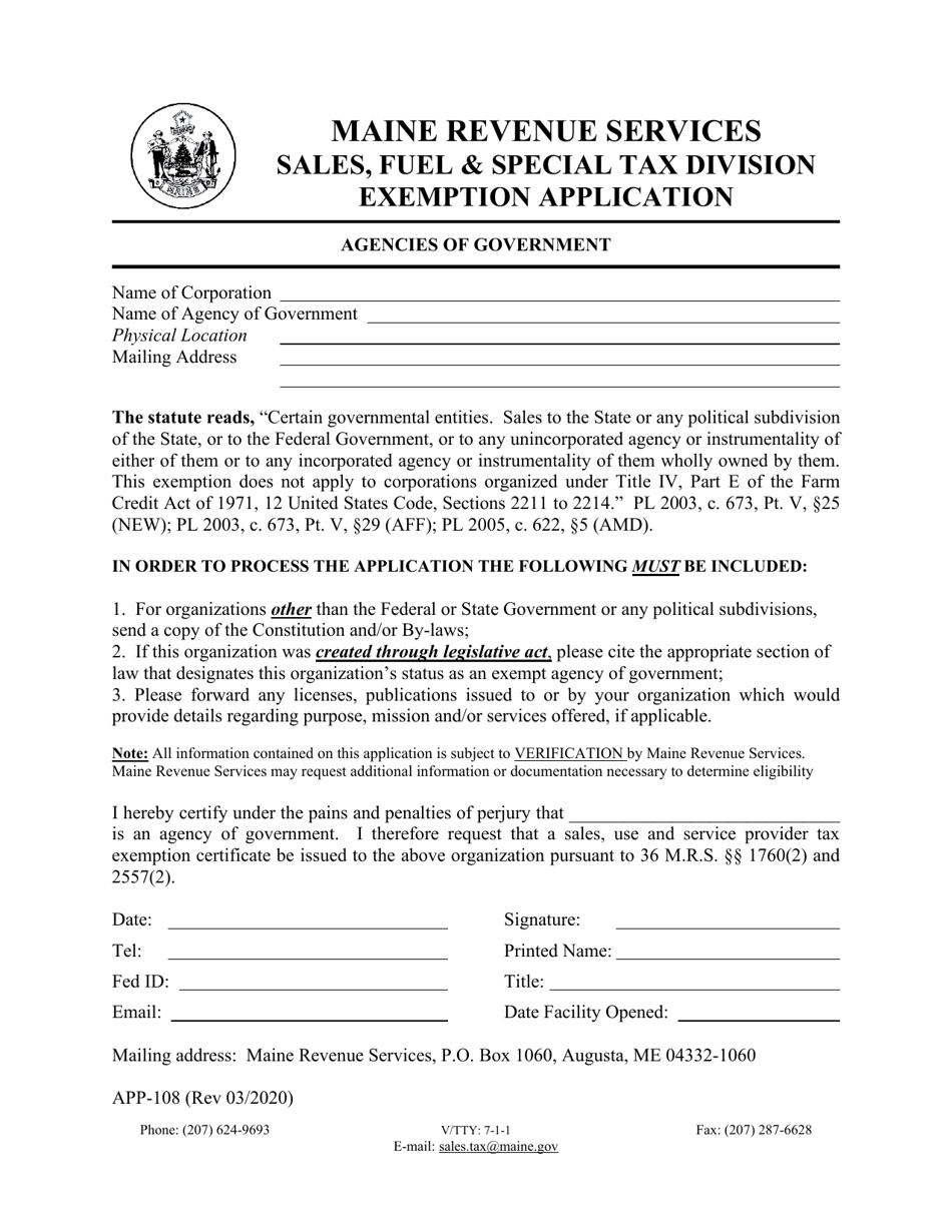 Form APP-108 Exemption Application - Agencies of Government - Maine, Page 1