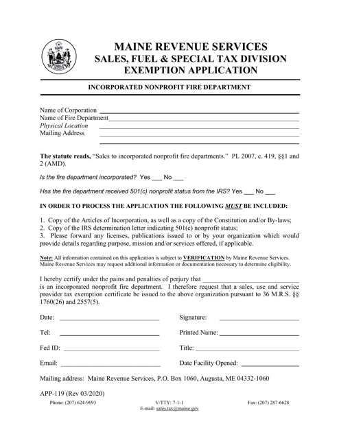 Form APP-119 Exemption Application - Incorporated Nonprofit Fire Department - Maine