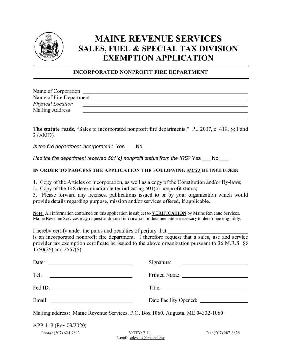 Form APP-119 Exemption Application - Incorporated Nonprofit Fire Department - Maine, Page 1