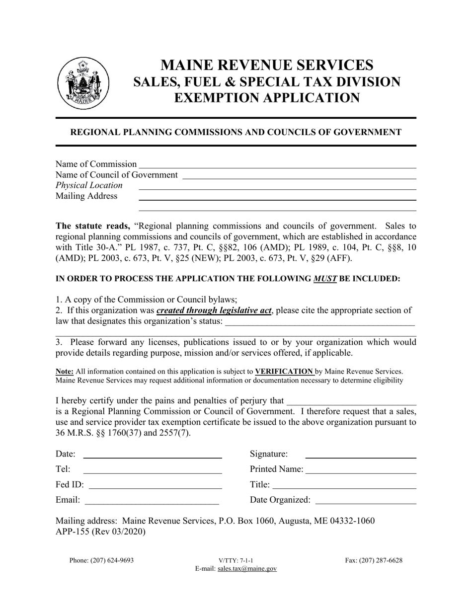 Form APP-155 Exemption Application - Regional Planning Commissions and Councils of Government - Maine, Page 1