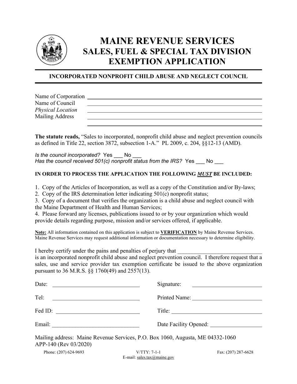 Form APP-140 Exemption Application - Incorporated Nonprofit Child Abuse and Neglect Council - Maine, Page 1