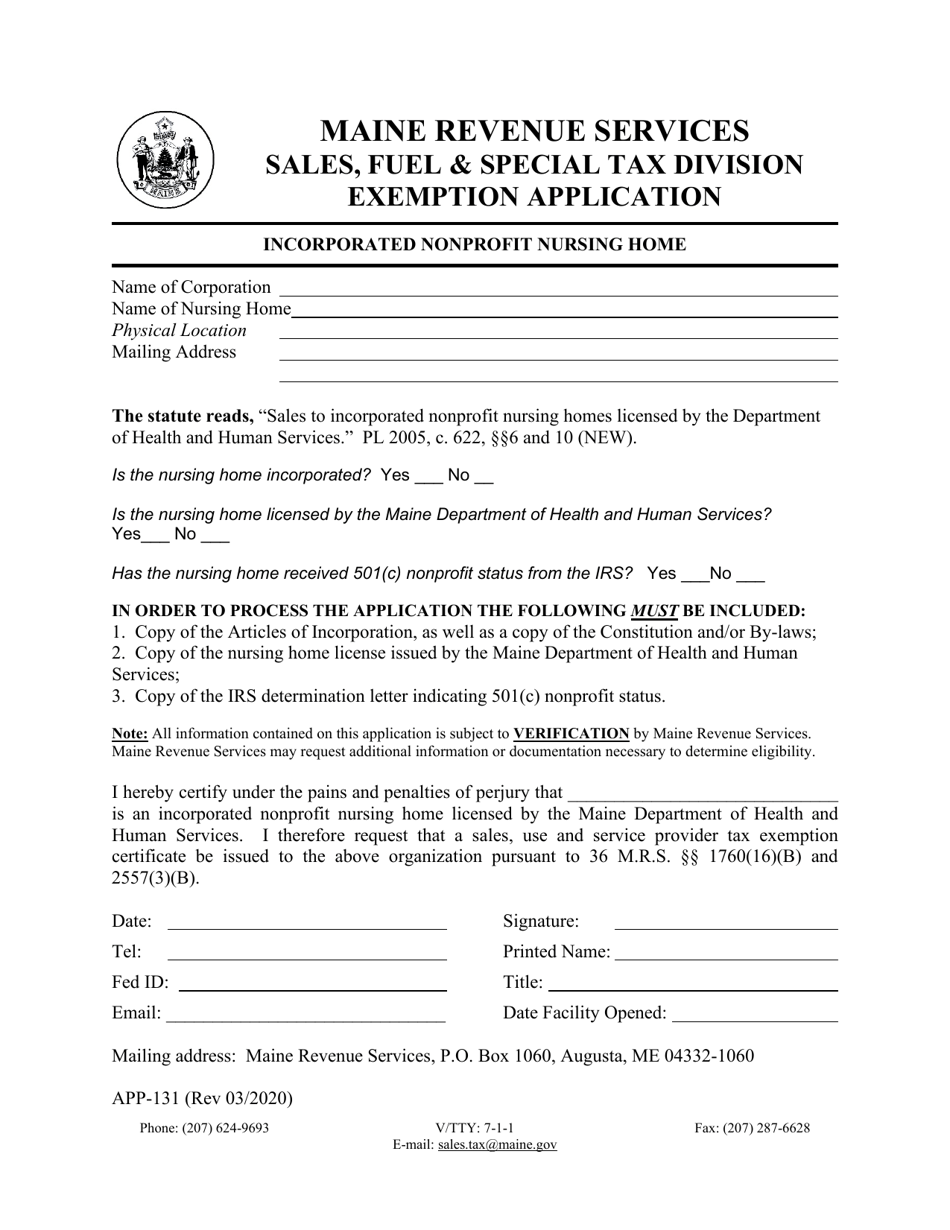 Form APP-131 Exemption Application - Incorporated Nonprofit Nursing Home - Maine, Page 1