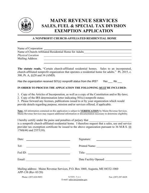 Form APP-138 Exemption Application - a Nonprofit Church-Affiliated Residential Home - Maine