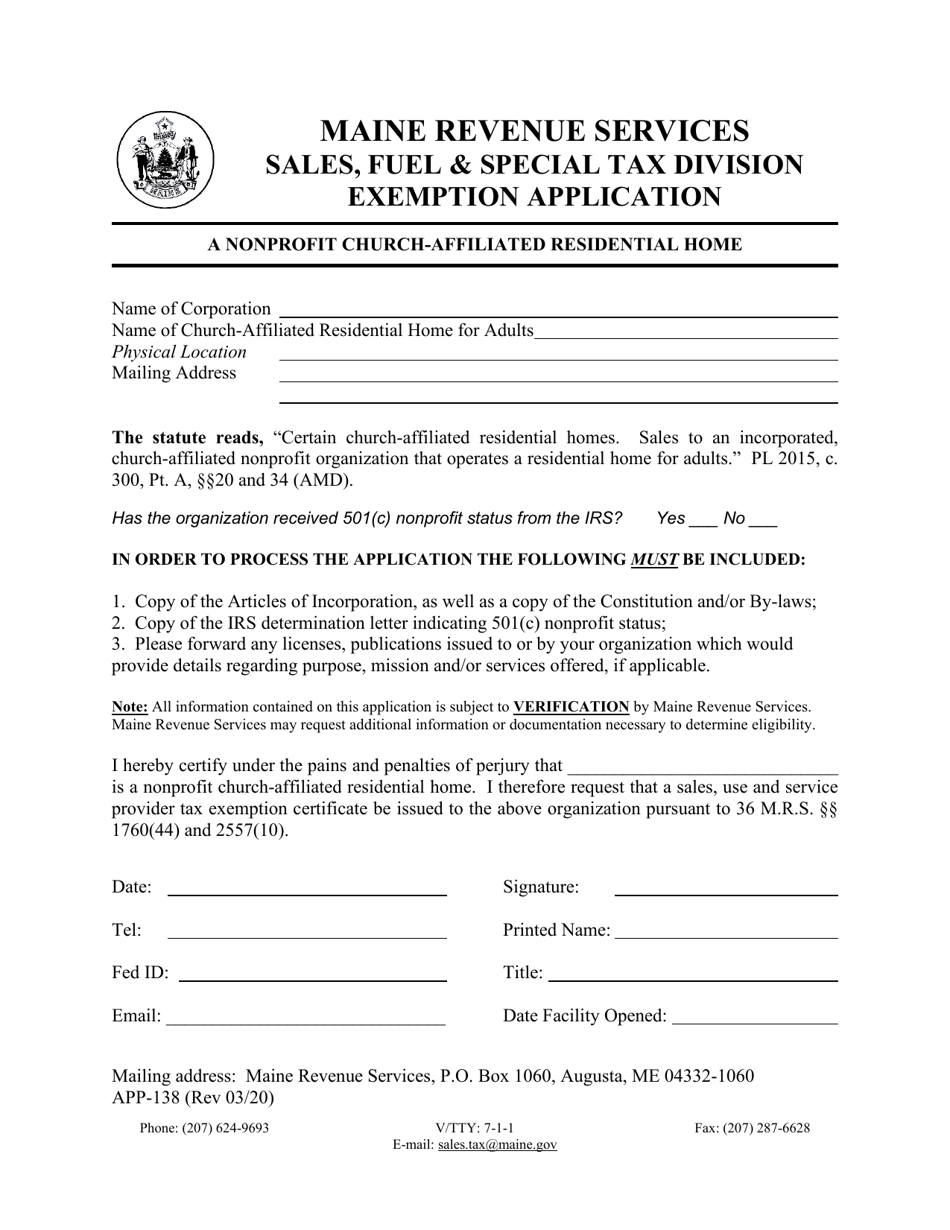 Form APP-138 Exemption Application - a Nonprofit Church-Affiliated Residential Home - Maine, Page 1