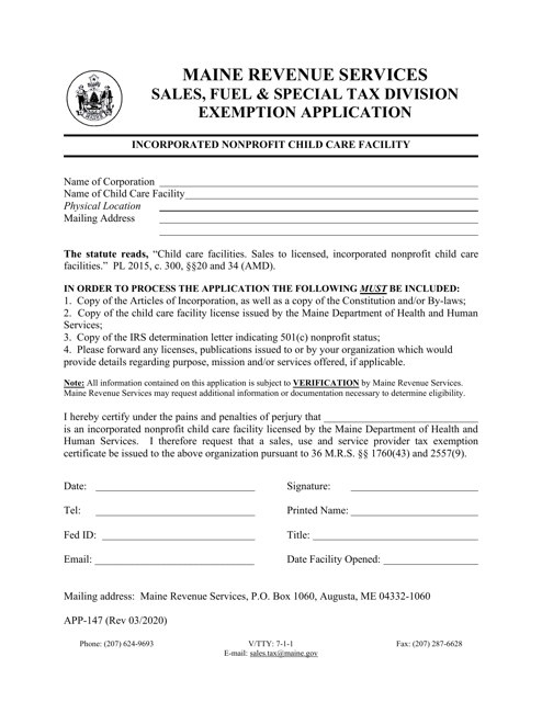 Form APP-147 Exemption Application - Incorporated Nonprofit Child Care Facility - Maine
