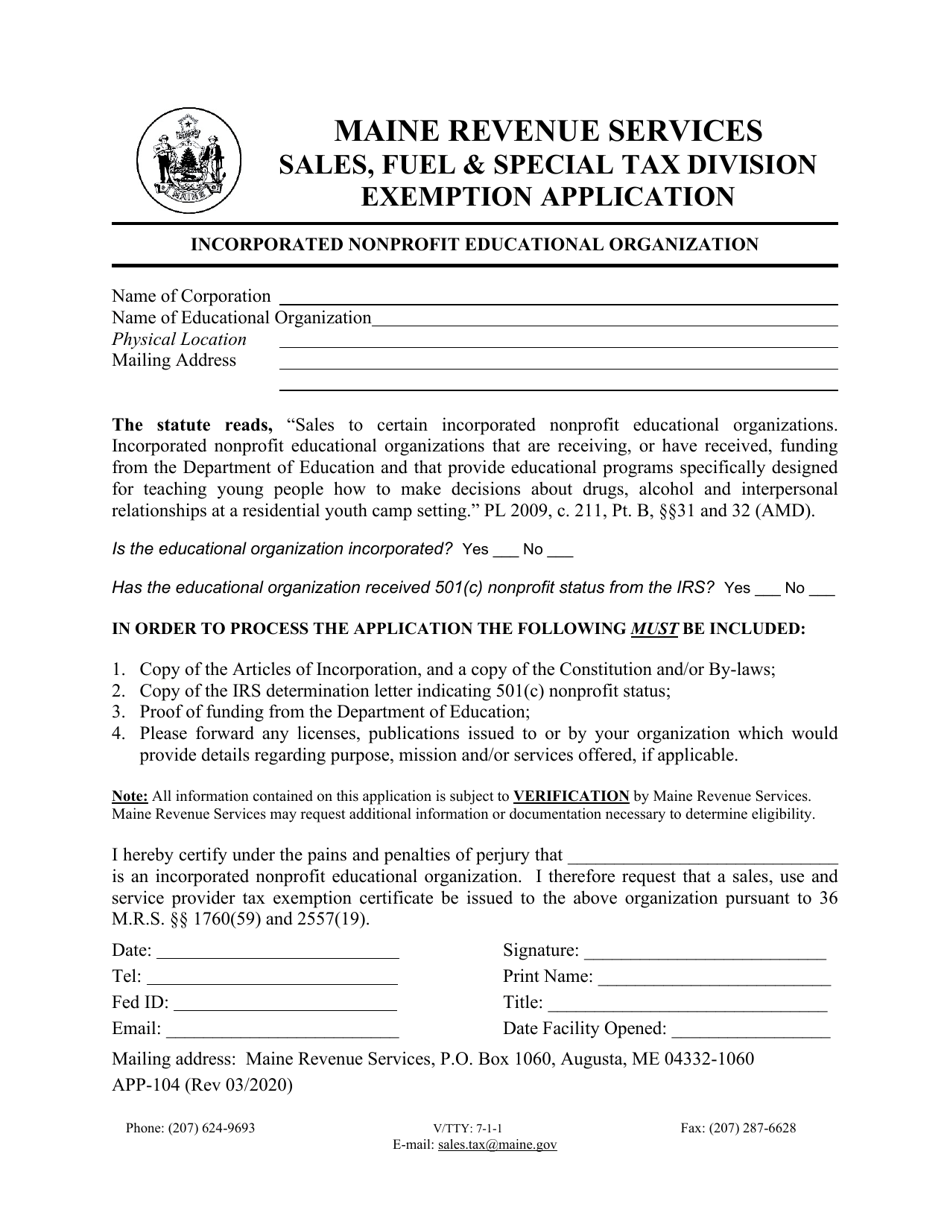 Form APP-104 Exemption Application - Incorporated Nonprofit Educational Organization - Maine, Page 1