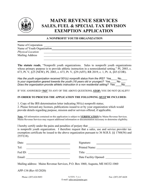 Form APP-134 Exemption Application - a Nonprofit Youth Organization - Maine
