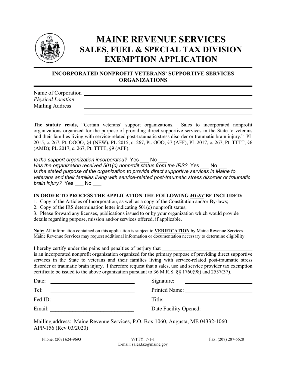 Form APP-156 Exemption Application - Incorporated Nonprofit Veterans Supportive Services Organizations - Maine, Page 1