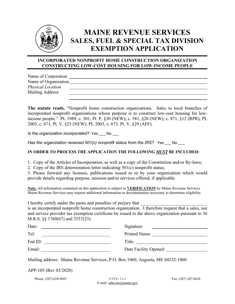 Form APP-105 Exemption Application - Incorporated Nonprofit Home Construction Organization Constructing Low-Cost Housing for Low-Income People - Maine, Page 1