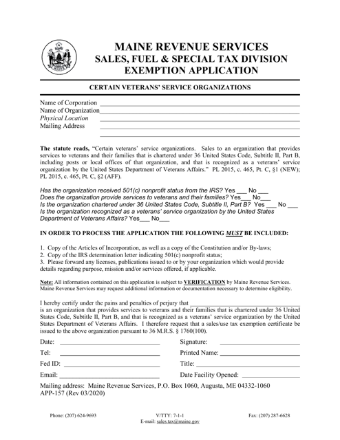 Form APP-157 Exemption Application - Certain Veterans' Service Organizations - Maine