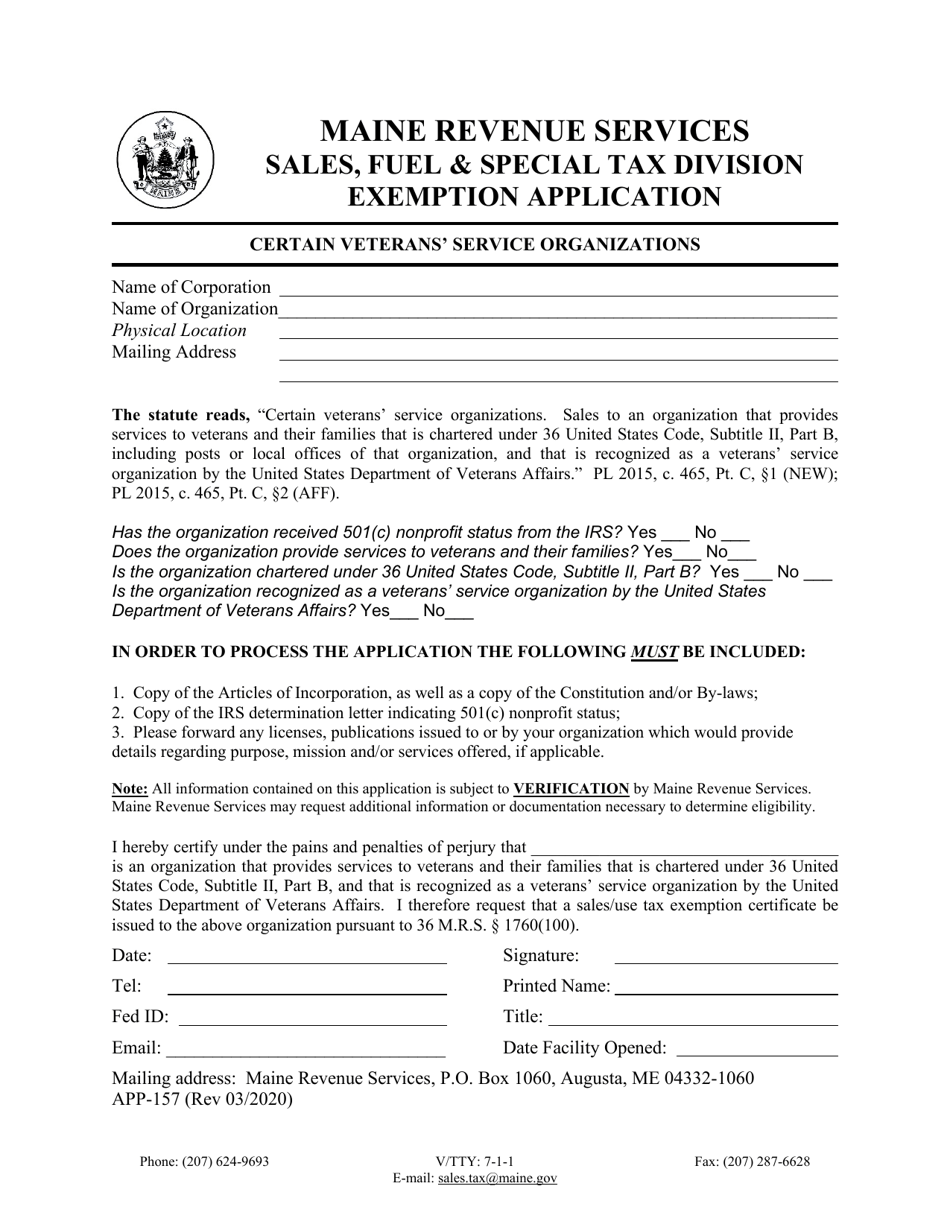 Form APP-157 Exemption Application - Certain Veterans Service Organizations - Maine, Page 1