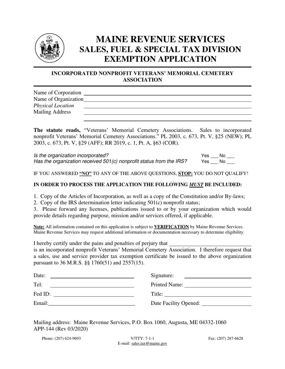 Form APP-144 Exemption Application - Incorporated Nonprofit Veterans Memorial Cemetery Association - Maine, Page 1